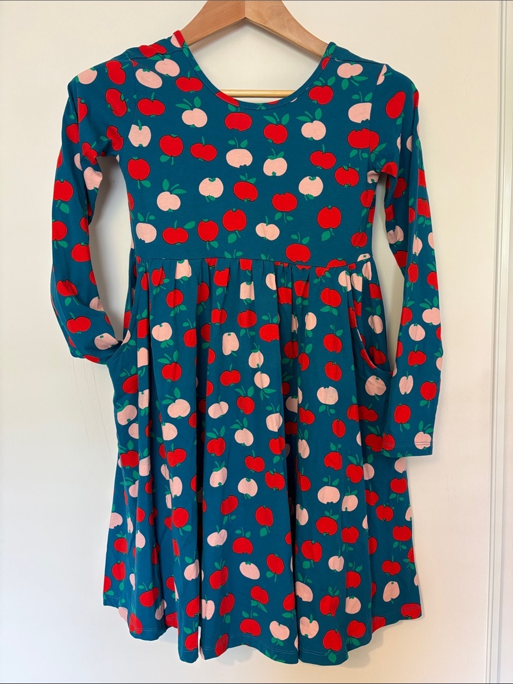 Hanna Andersson Girls Blue Cotton Dress Size 12 Apple Pattern Artsy School Party